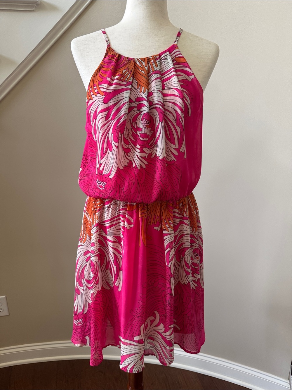 Umgee Fuchsia Floral Halter Mini Dress with Orange Accents